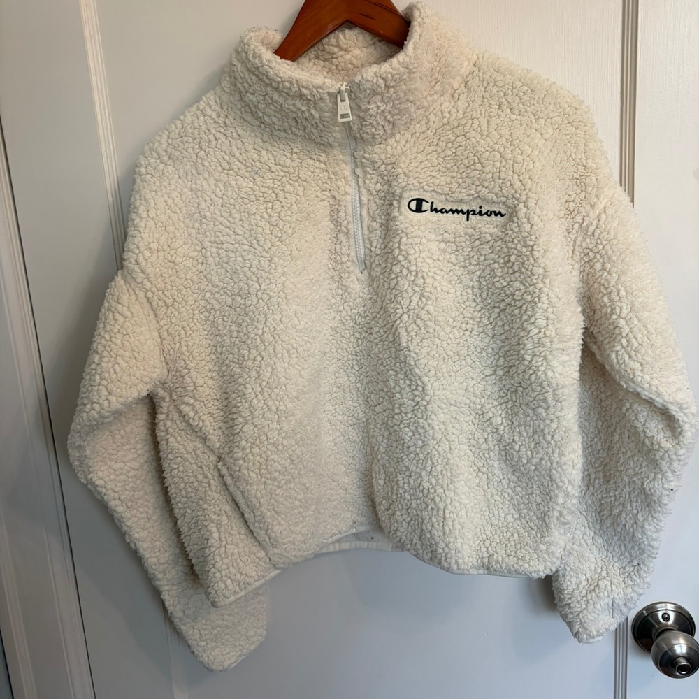 Champion Sherpa Quarter Zip Cropped Pullover Ivory Cream Size S